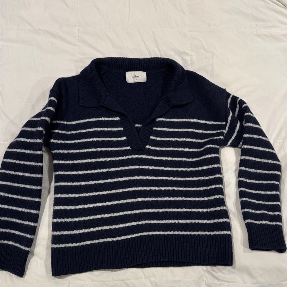 Wilfred Navy and White Striped V-Neck Sweater
